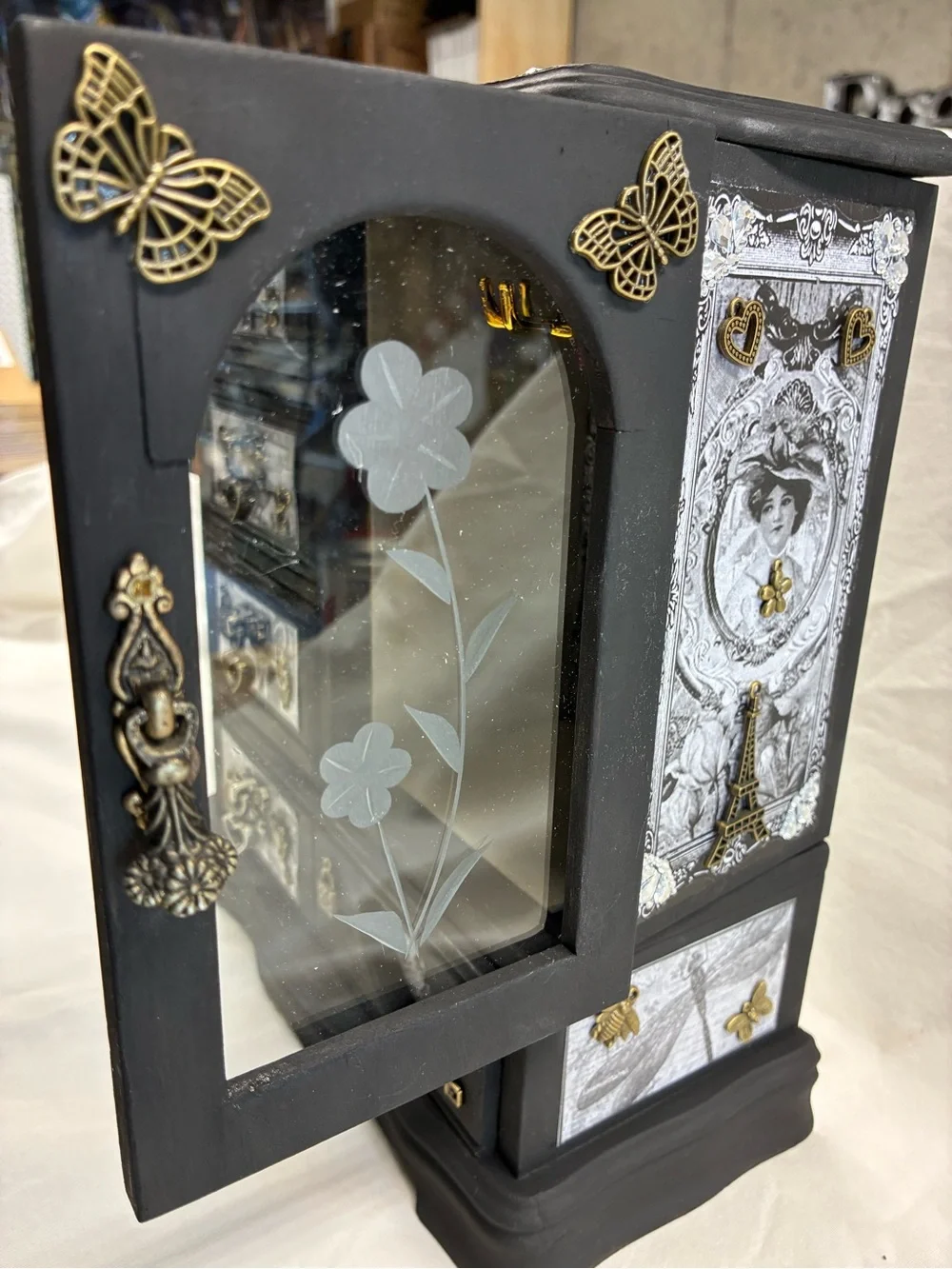 Black Jewelry Organizer Box with Gold Accents and Glass Door